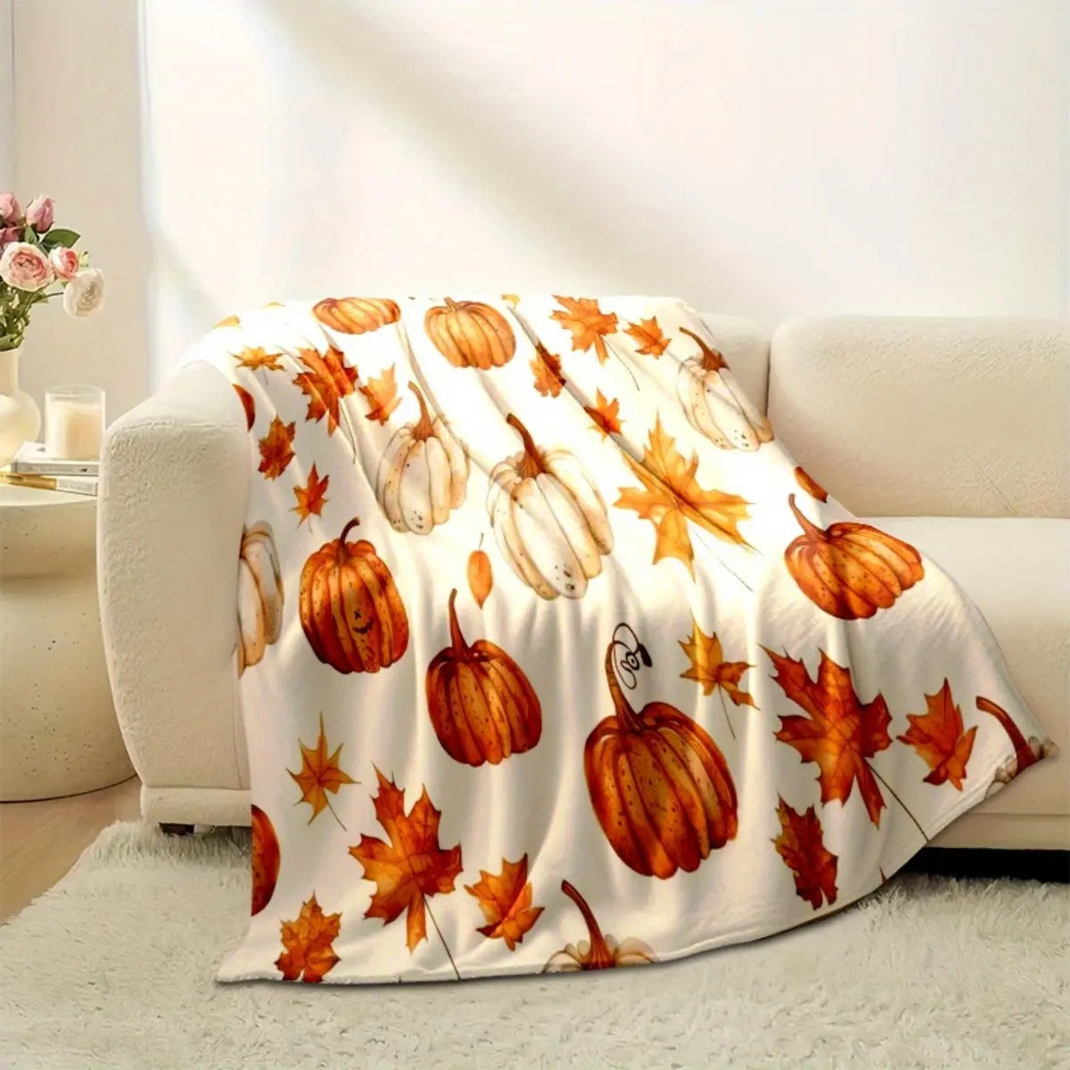 Watercolor Fall Pumpkin & Maple Leaf Flannel Blanket