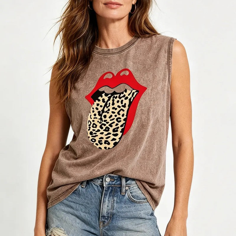 Vintage Washed Cotton Tank Top - Leopard Tongue Lips DTG Printed Graphic Sleeveless Shirt Oversized Casual Streetwear Vest for Women & Men