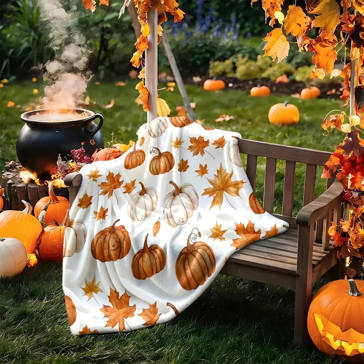 Watercolor Fall Pumpkin & Maple Leaf Flannel Blanket