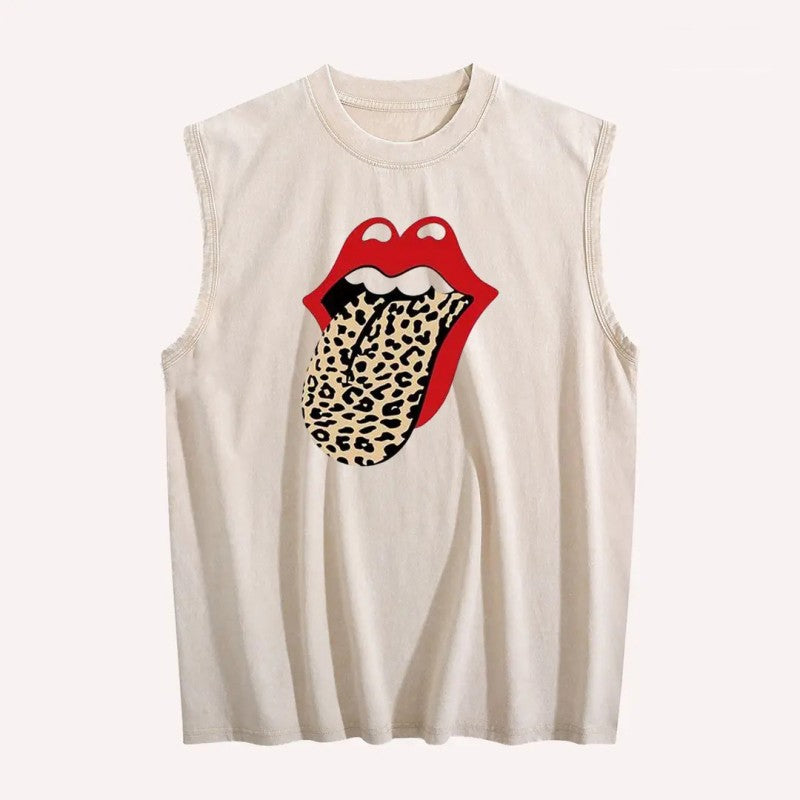 Vintage Washed Cotton Tank Top - Leopard Tongue Lips DTG Printed Graphic Sleeveless Shirt Oversized Casual Streetwear Vest for Women & Men