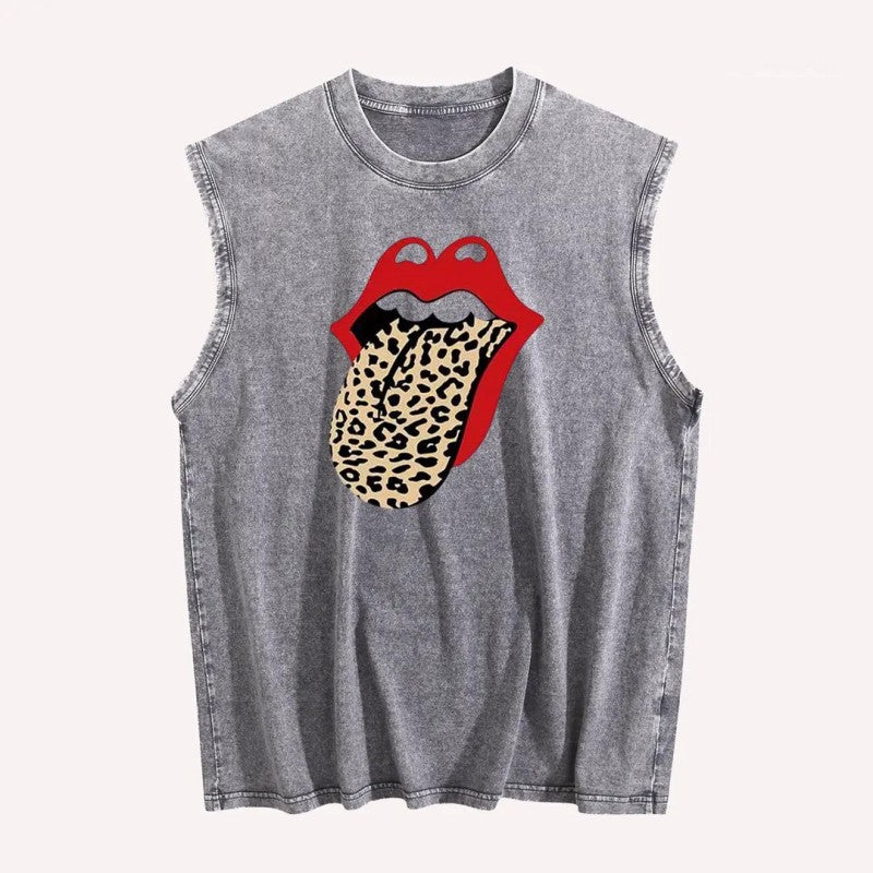 Vintage Washed Cotton Tank Top - Leopard Tongue Lips DTG Printed Graphic Sleeveless Shirt Oversized Casual Streetwear Vest for Women & Men