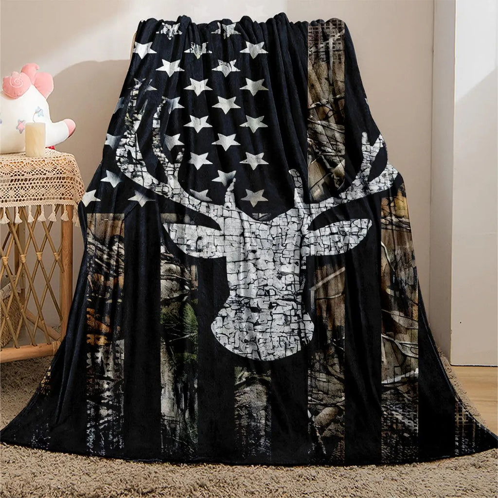 Flag & Deer Head Pattern Flannel Cozy Blanket