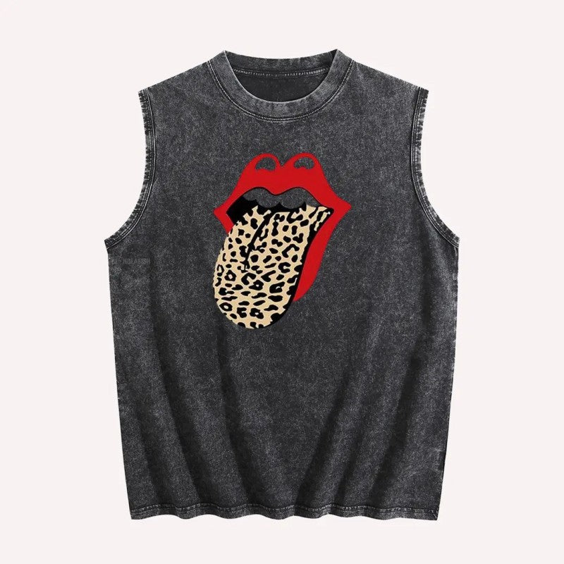 Vintage Washed Cotton Tank Top - Leopard Tongue Lips DTG Printed Graphic Sleeveless Shirt Oversized Casual Streetwear Vest for Women & Men