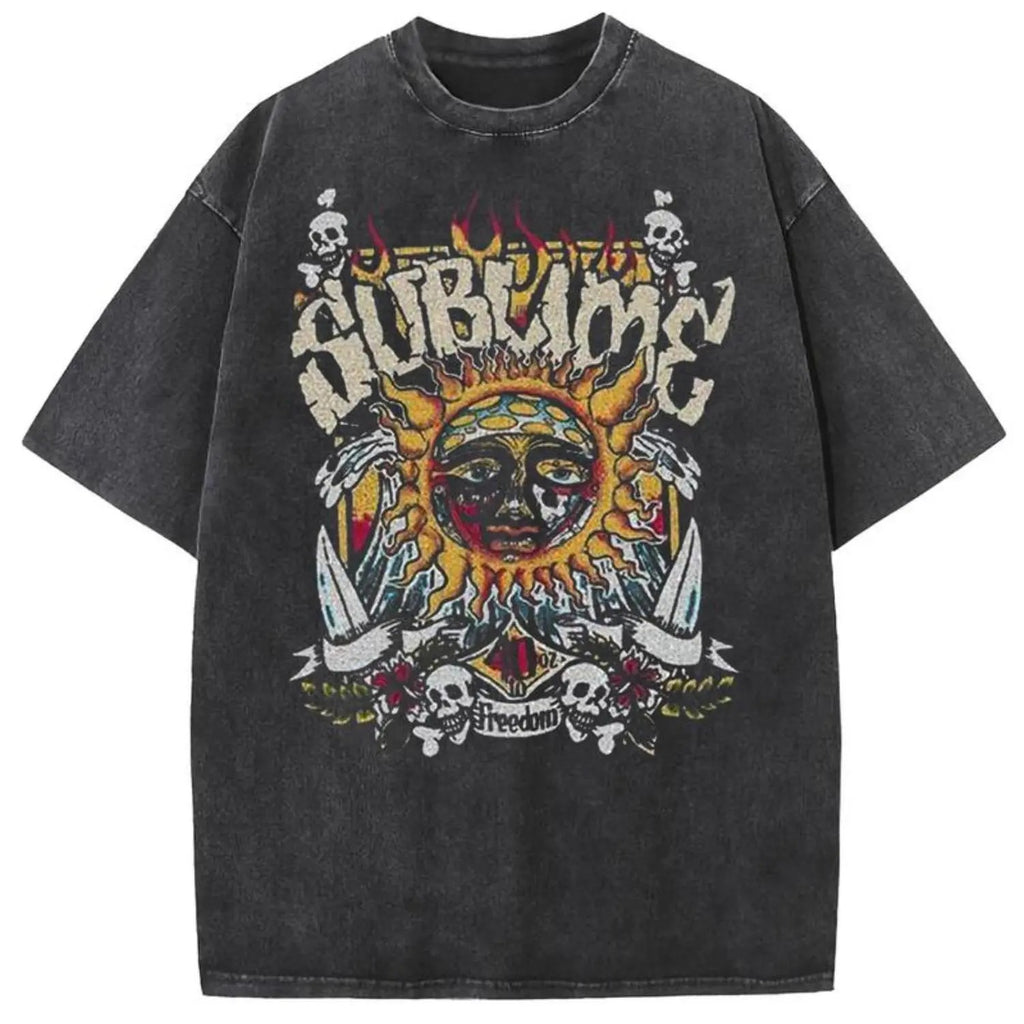 Vintage Acid Wash Sun Pattern Top - Heavy Cotton DTG Printed T-Shirt & Tank Top