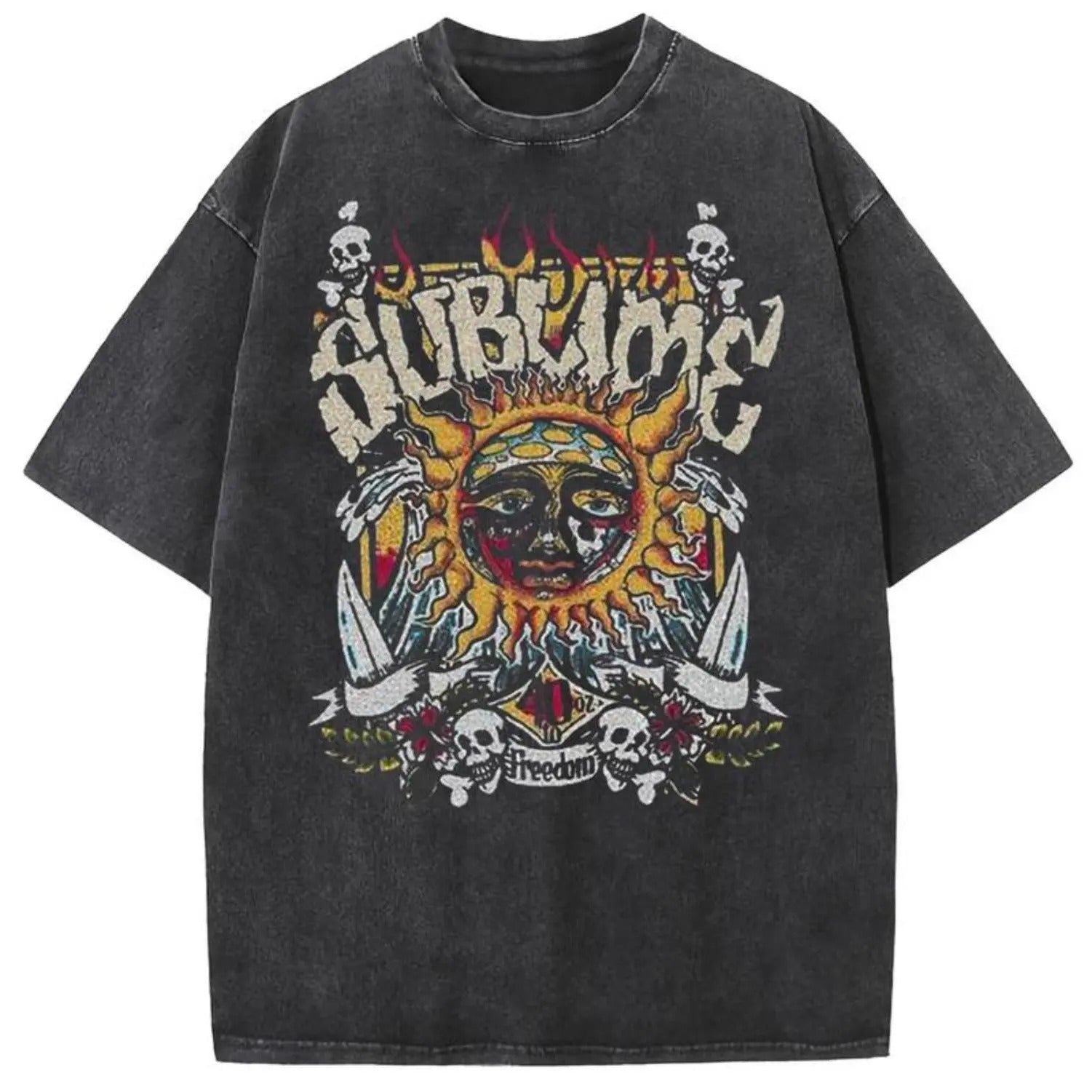 Vintage Acid Wash Sun Pattern Top - Heavyweight Cotton DTG Printed Oversized T-Shirt & Tank Top