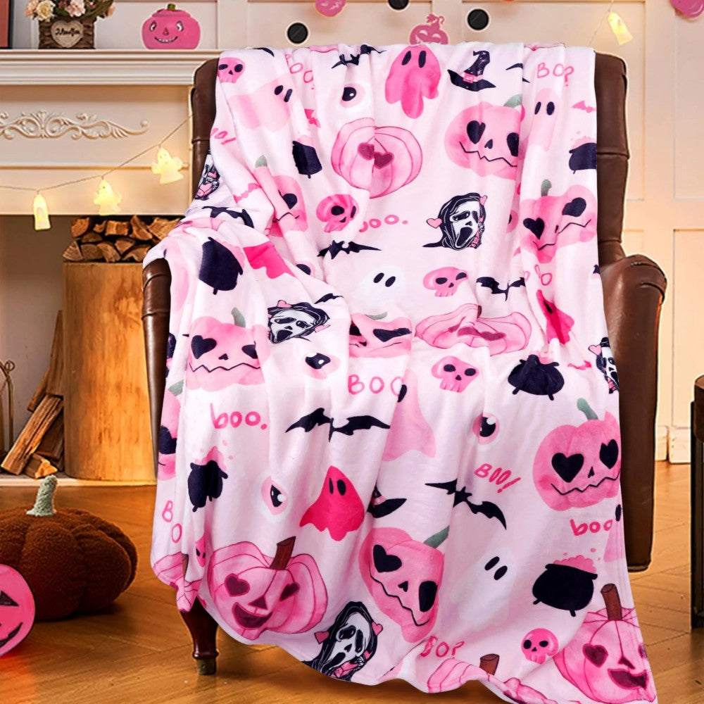 Pink Pumpkin Skull and Bat Themed Halloween Blanket