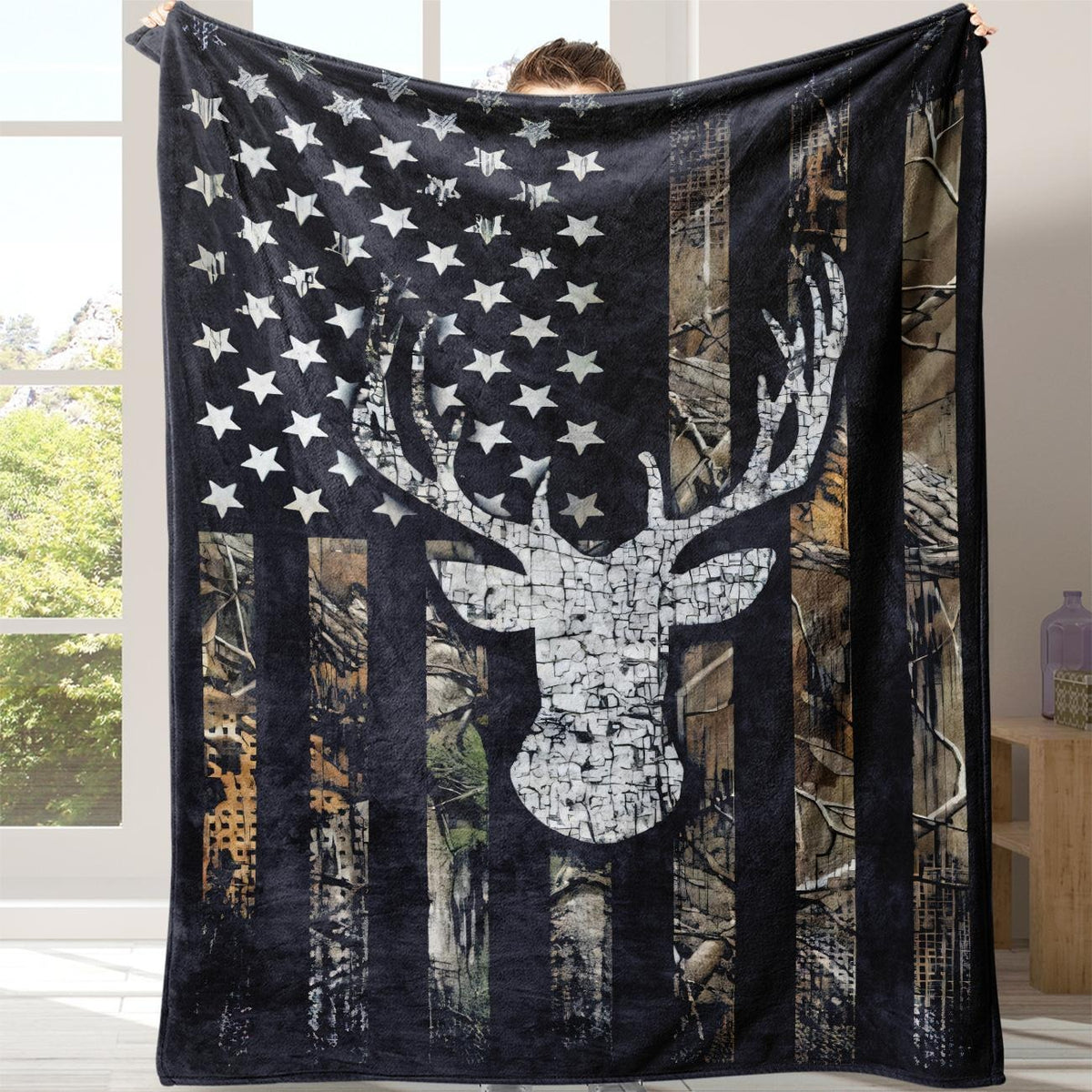 Flag & Deer Head Pattern Flannel Cozy Blanket