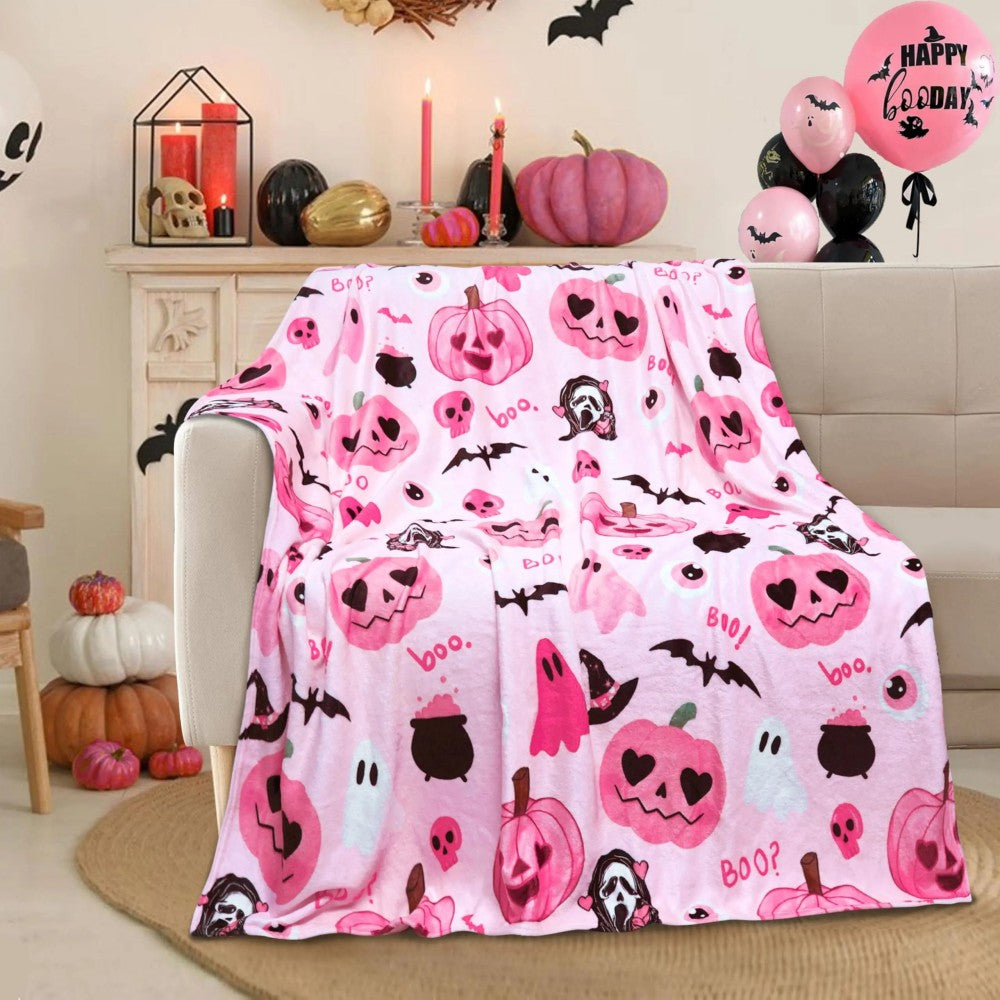 Pink Pumpkin Skull and Bat Themed Halloween Blanket