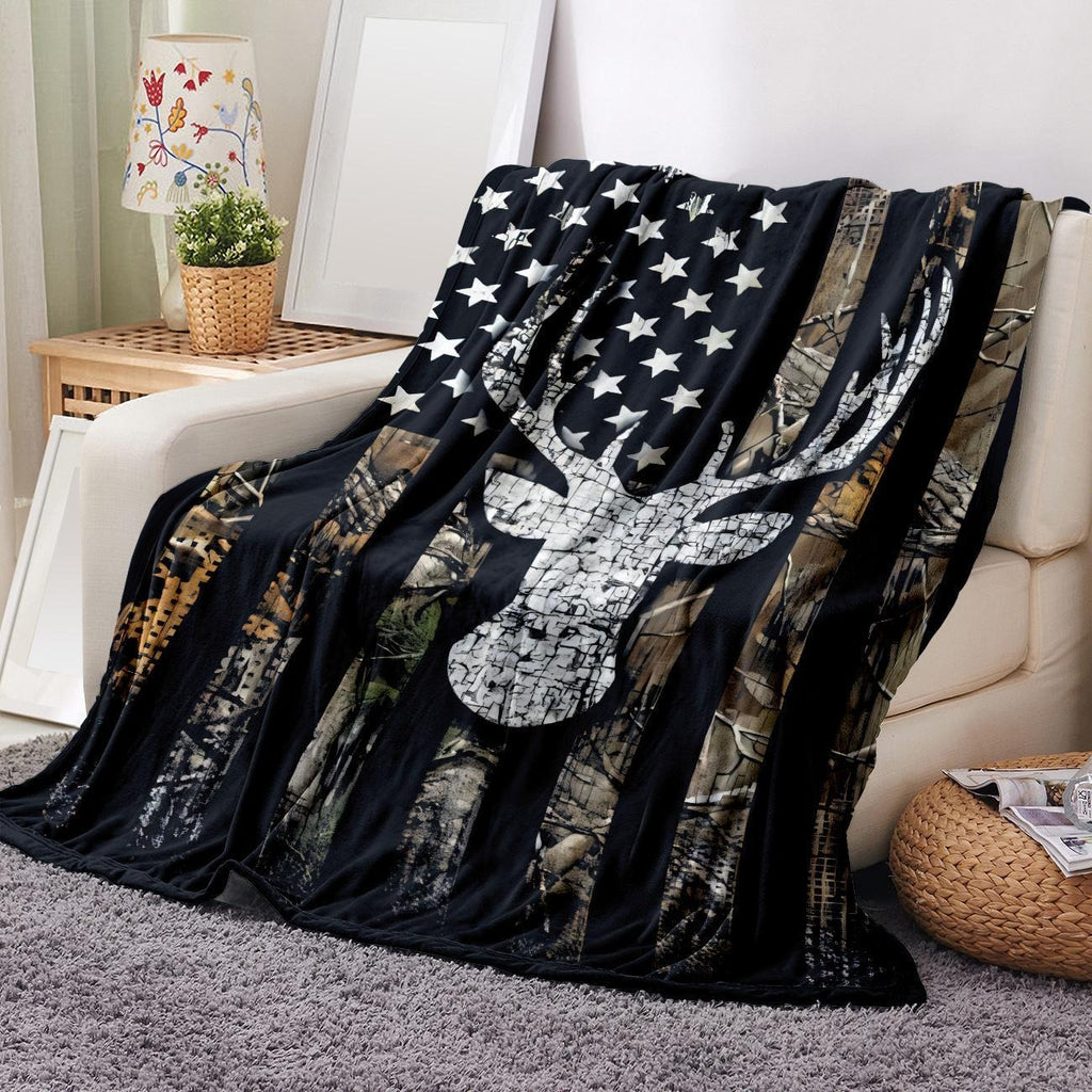 Flag & Deer Head Pattern Flannel Cozy Blanket