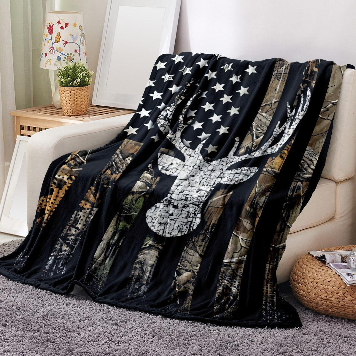 Flag & Deer Head Pattern Flannel Cozy Blanket