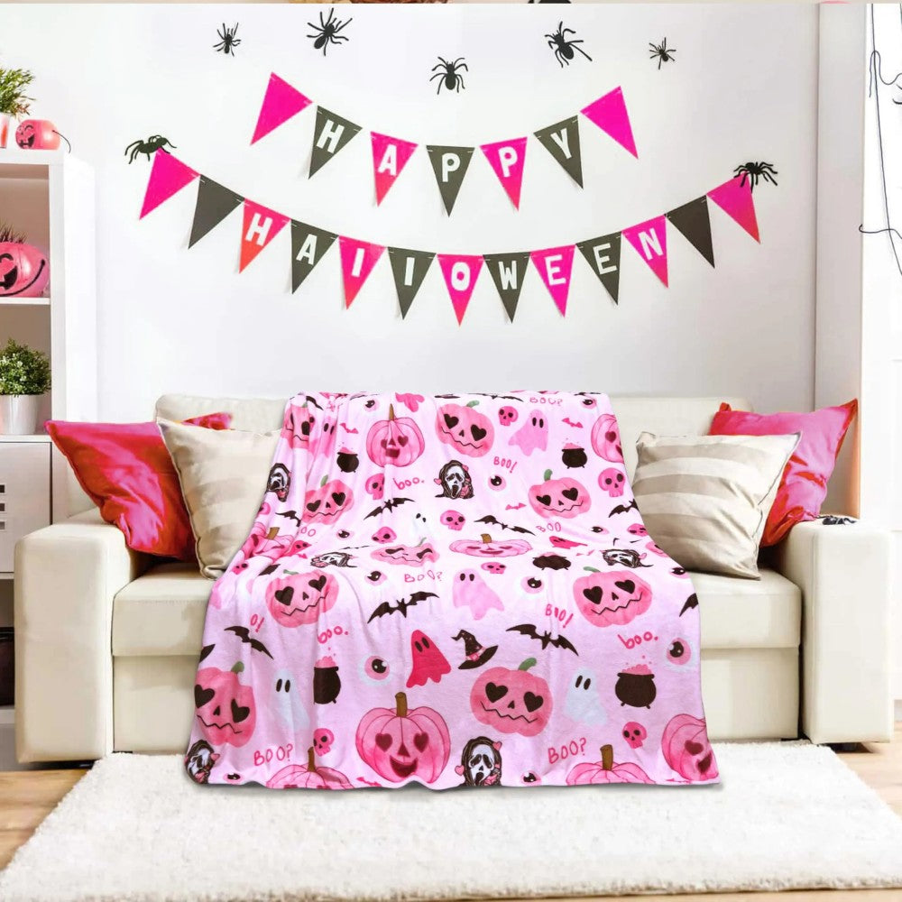 Pink Pumpkin Skull and Bat Themed Halloween Blanket