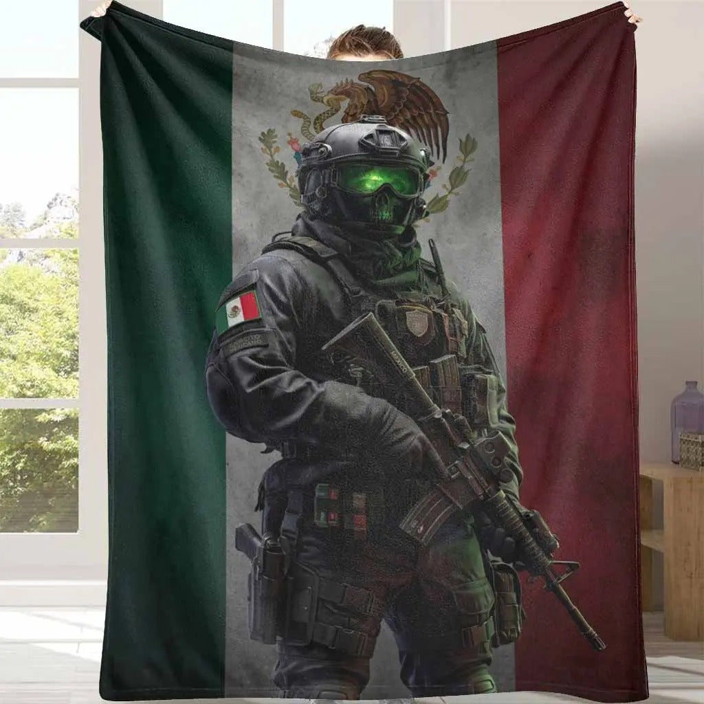 Military Skull Mask Mexican Flag Blanket