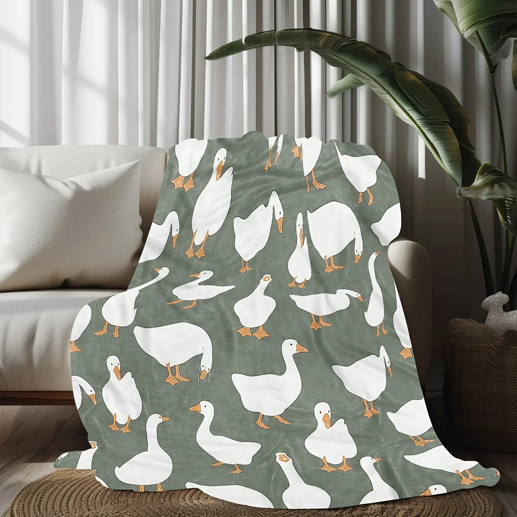 Sage Green Plush with Cute White Goose Blanket