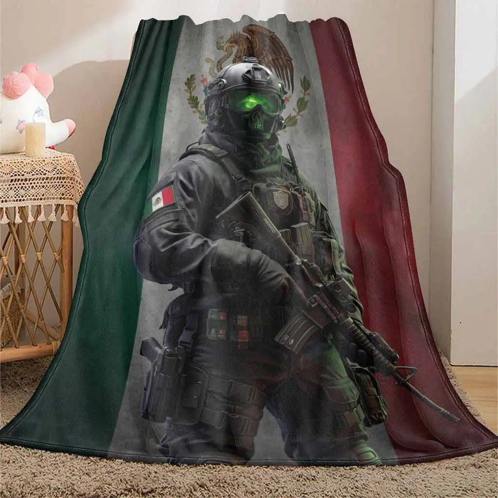 Military Skull Mask Mexican Flag Blanket