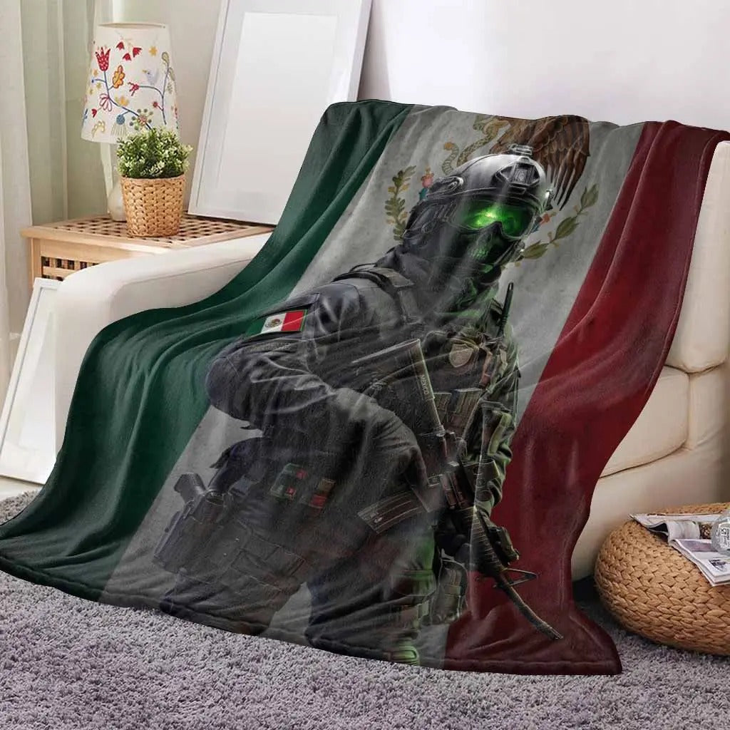 Military Skull Mask Mexican Flag Blanket