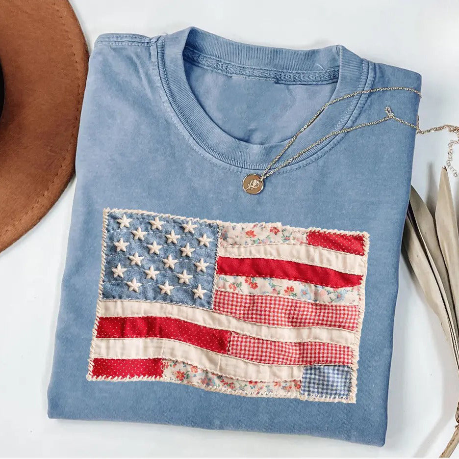 Retro American Flag Faux Patchwork USA Digital Print 4th of July T-Shirt/Sweatshirt/Hoodie