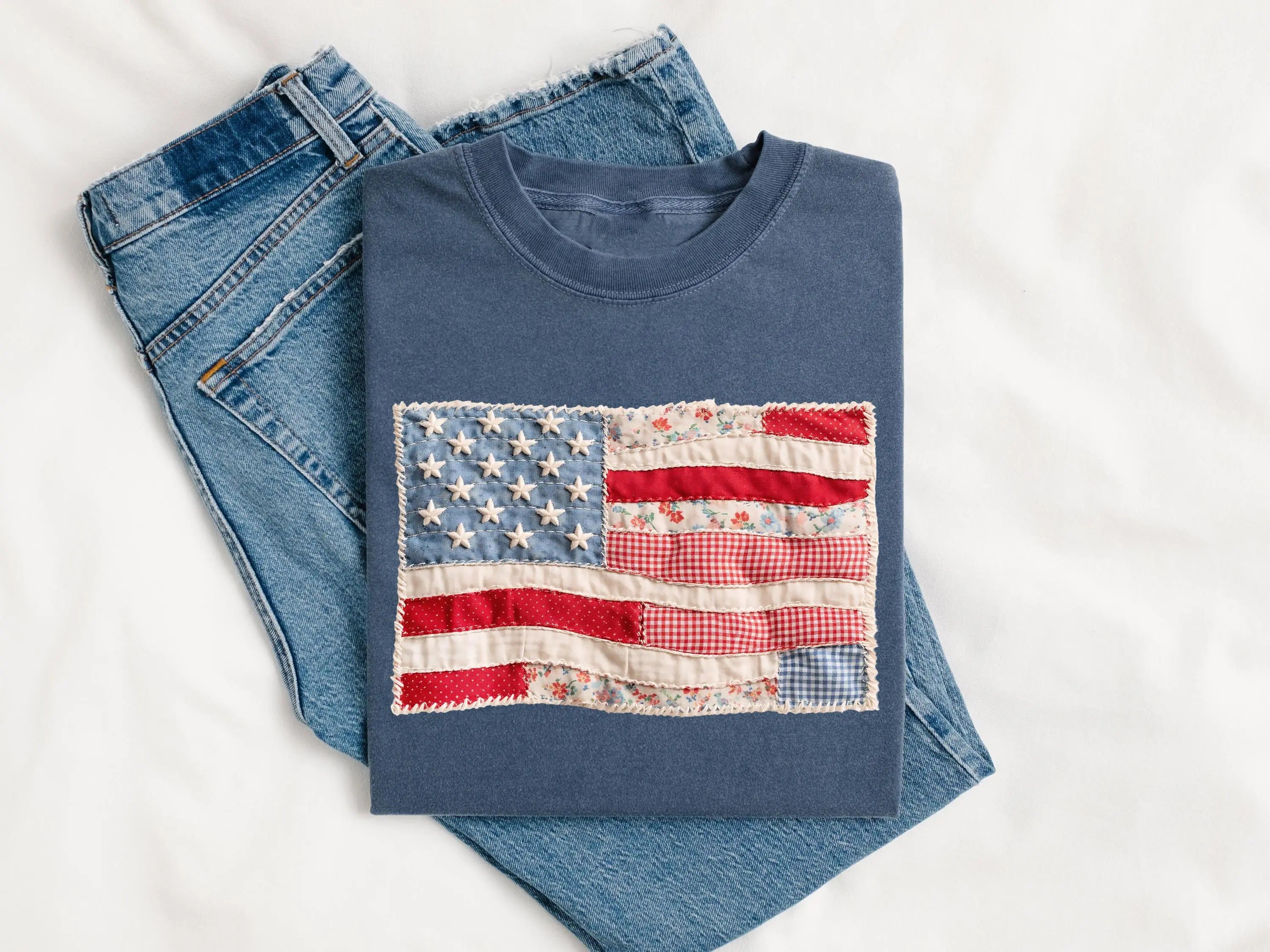 Retro American Flag Faux Patchwork USA Digital Print 4th of July T-Shirt/Sweatshirt/Hoodie