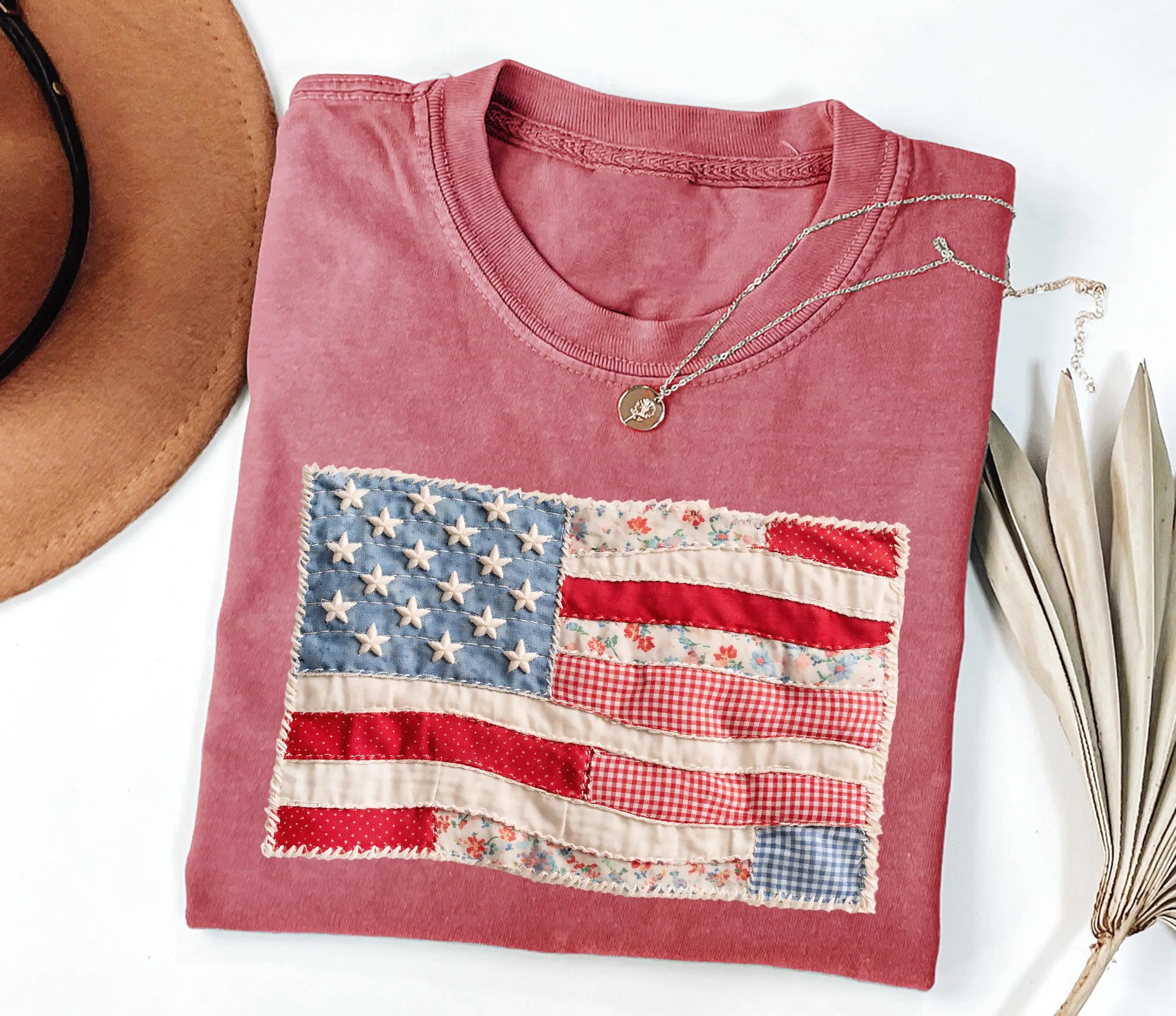 Retro American Flag Faux Patchwork USA Digital Print 4th of July T-Shirt/Sweatshirt/Hoodie