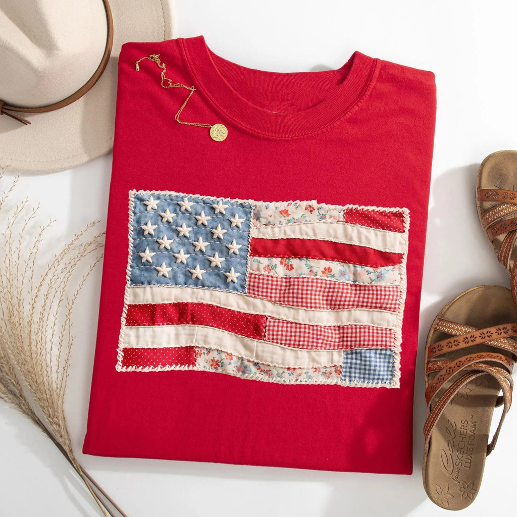 Retro American Flag Faux Patchwork USA Digital Print 4th of July T-Shirt/Sweatshirt/Hoodie