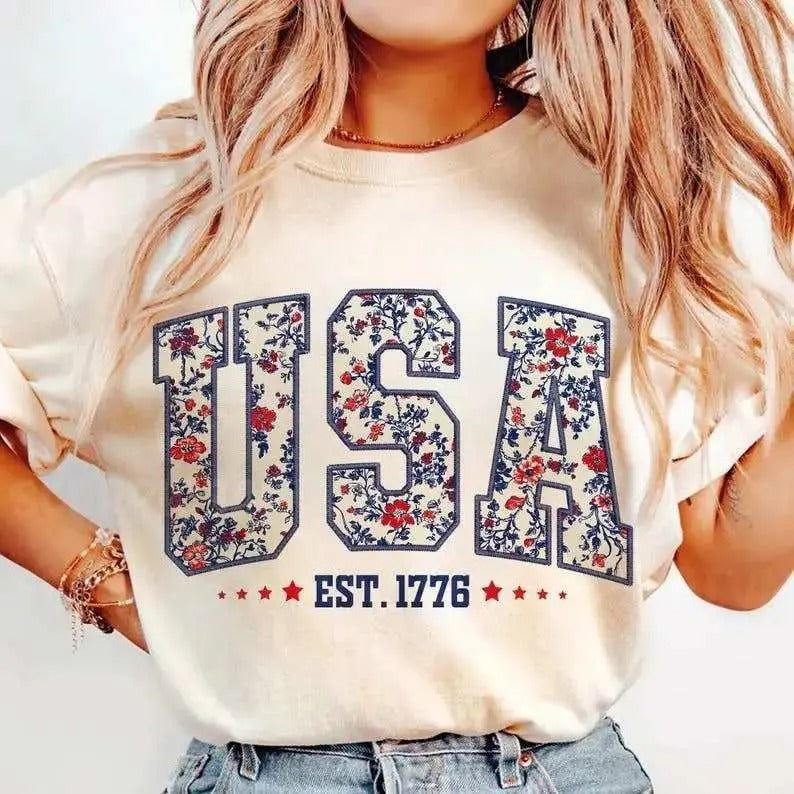 Floral USA Digital Print Not Embroidered T-Shirt/Sweatshirt/Hoodie