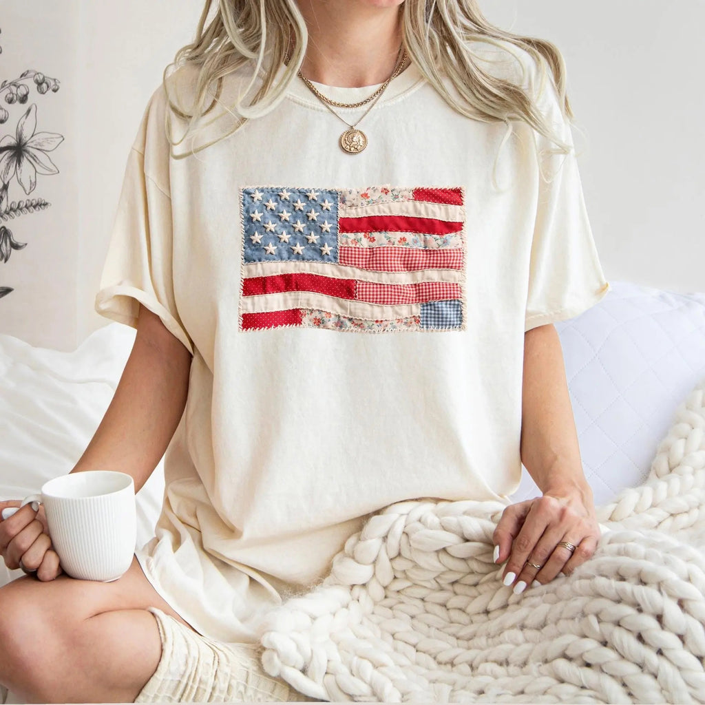 Retro American Flag Faux Patchwork USA Digital Print 4th of July T-Shirt/Sweatshirt/Hoodie
