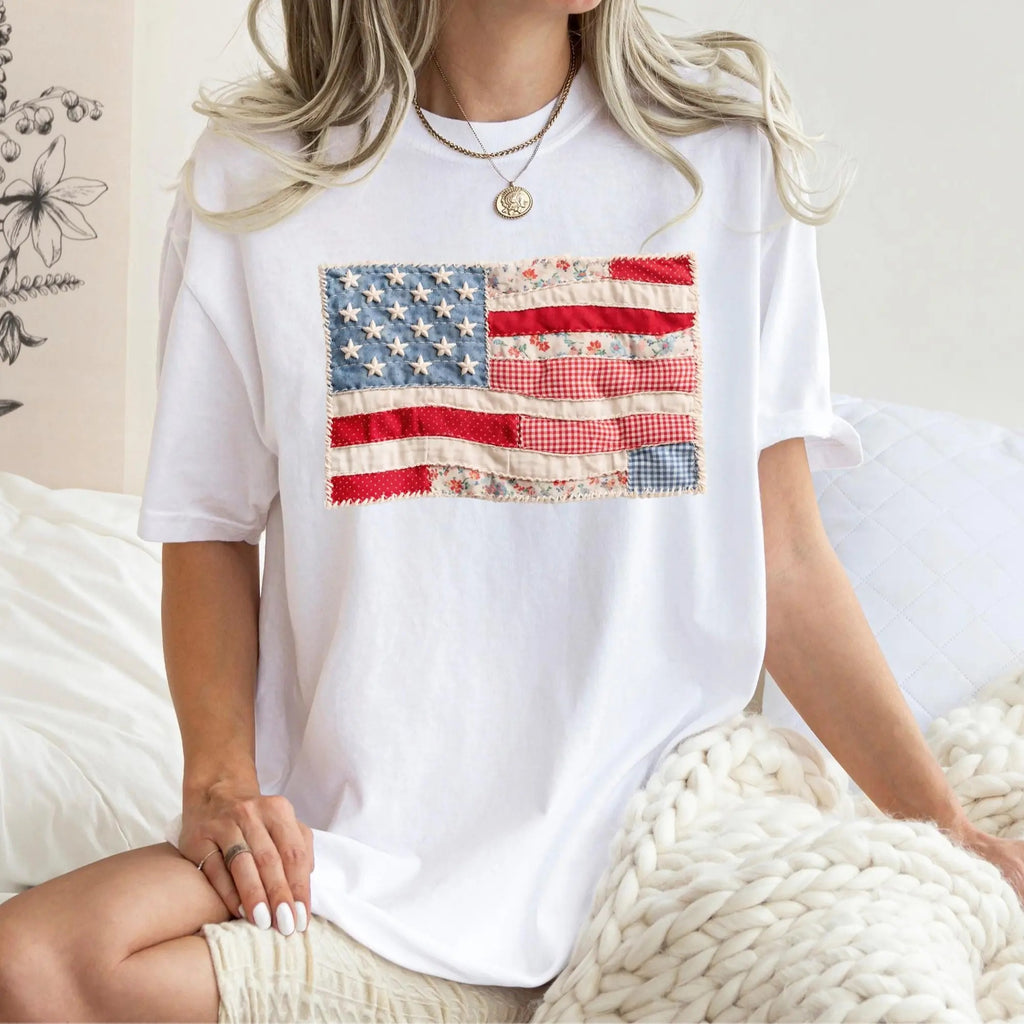 Retro American Flag Faux Patchwork USA Digital Print 4th of July T-Shirt/Sweatshirt/Hoodie