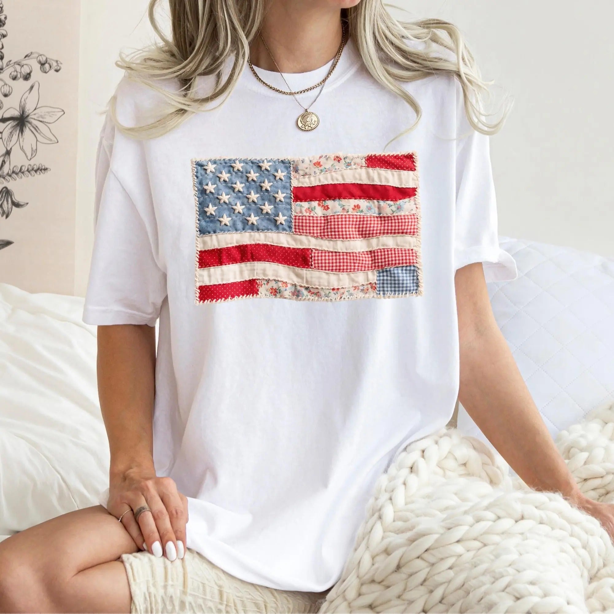 Retro American Flag Faux Patchwork USA Digital Print 4th of July T-Shirt/Sweatshirt/Hoodie