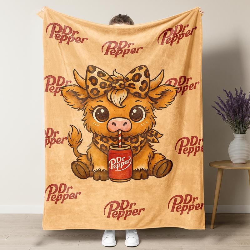 Cute Leopard Highland Cow Drinking Dr Pepper Blanket