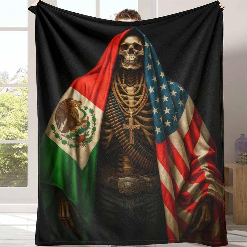 Skeleton Flannel Blanket USA Mexico Flag Print Blanket