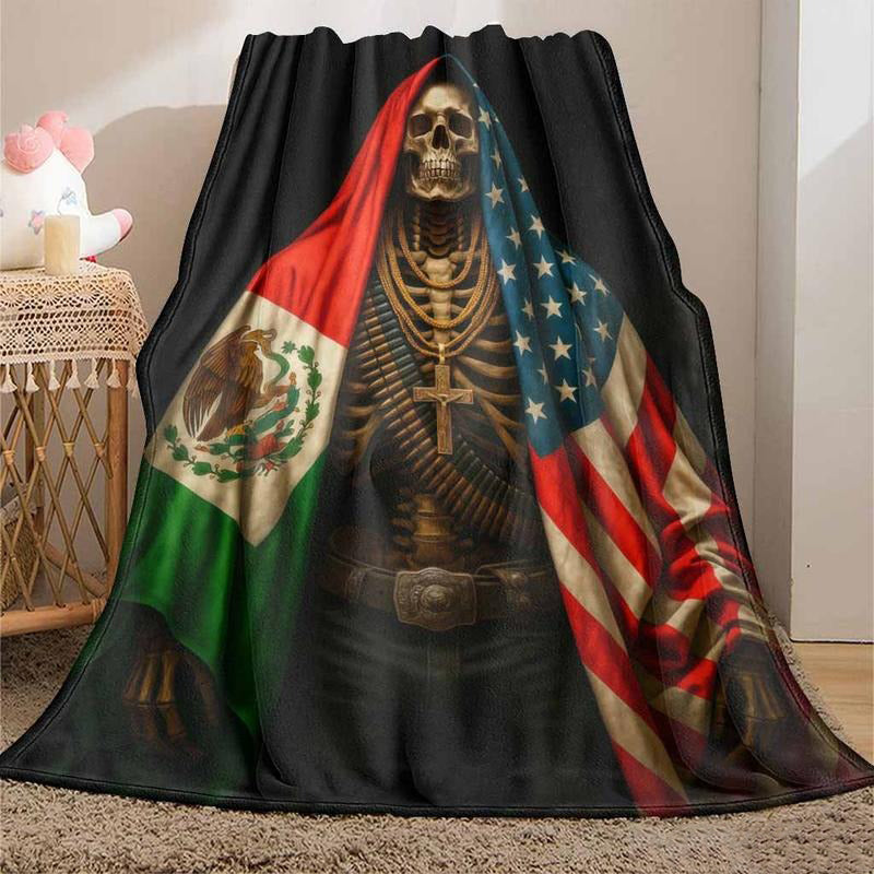 Skeleton Flannel Blanket USA Mexico Flag Print Blanket