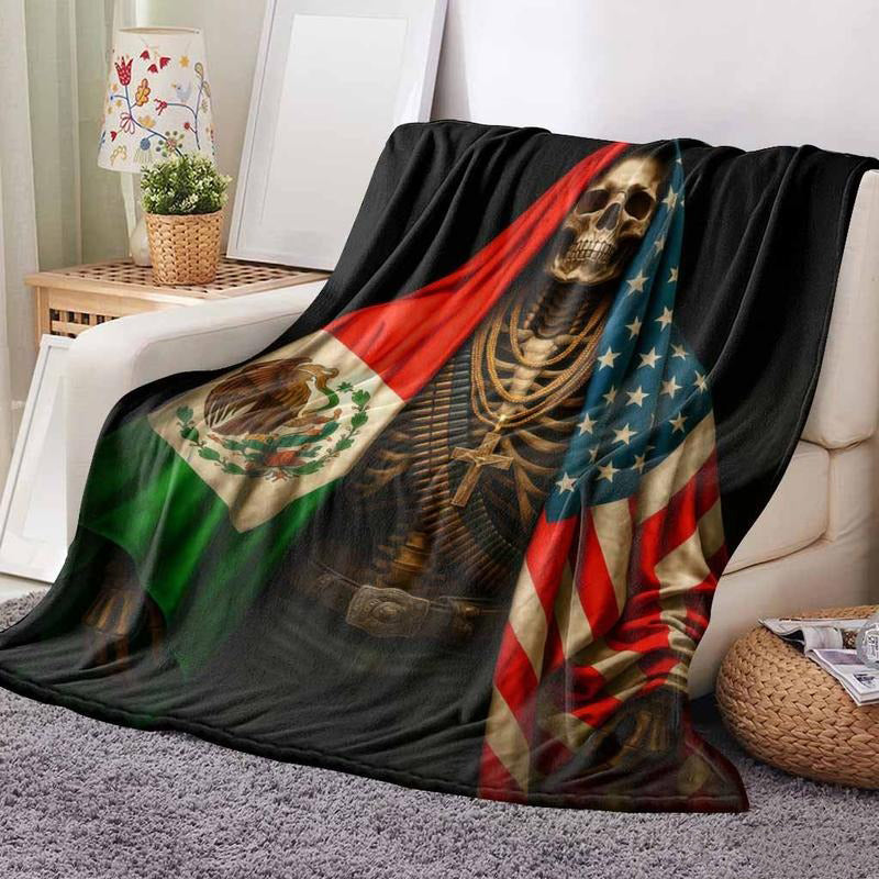 Skeleton Flannel Blanket USA Mexico Flag Print Blanket